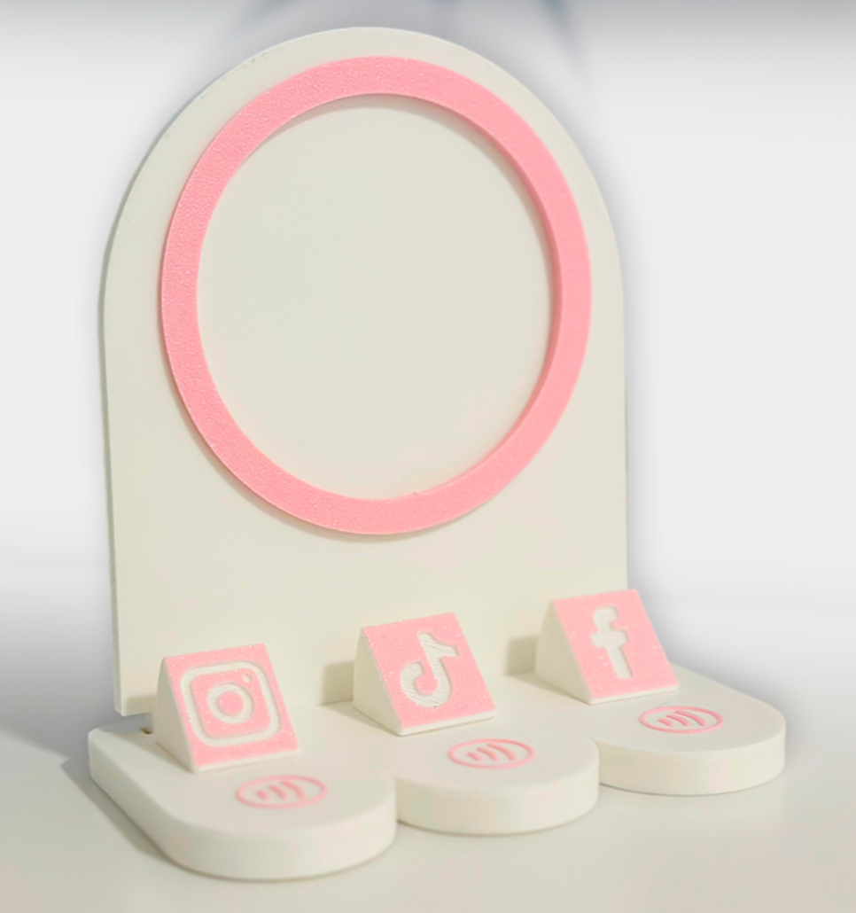 Custom NFC social media stand with pink accents
